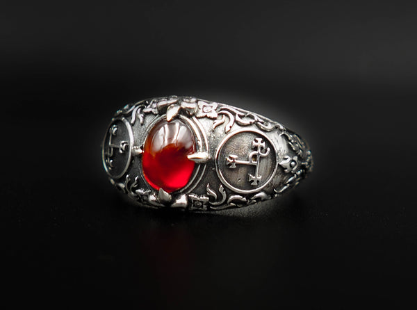 Garnet Seal Sigil of Lilith Sigil of Lucifer Ring 925 Sterling Silver Jewelry Size 6-15