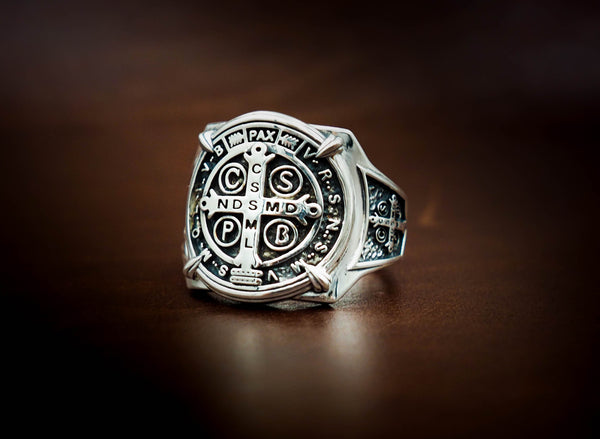 925 Sterling Silver St Benedict Exorcism Ring Demon Protection Size 6-15