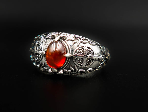 Garnet Men St Benedict Exorcism Demon Protection Ghost Hunter Ring 925 Sterling Silver Jewelry Size 6-15