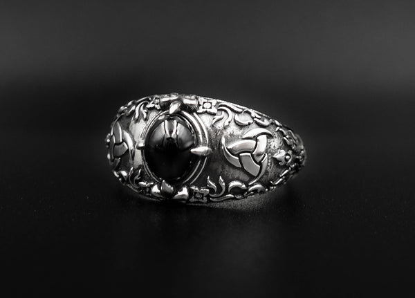 Onyx Odin's Horn Ring, Triple Horn of Odin Ring, Viking Ring, Scandinavian Ring, Black Onyx Unisex Ring 925 Sterling Silver Size 6-15