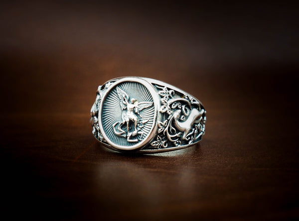 Saint Michael Ring, Saint Christopher Catholic Medal Great Protector Archangel Defeating Satan Figurine Amulet Rings for Men 925 Sterling Silver Size 6-15