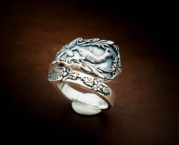 Adjustable Fish Spoon Ring Vintage style for Mens Women 925 Sterling Silver Size 6-15