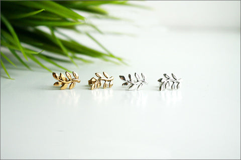 leaves stud earrings - 925 sterling silver leaves stud earrings, Olive leaf earrings, Olive leaf stud earrings, Olive leaf (E-37)