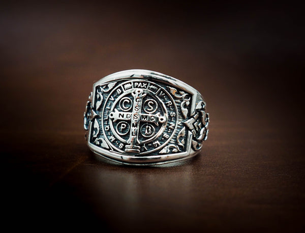Men's St Benedict Exorcism Ring Cross Gift for Him 925 Sterling Silver Size 6-15