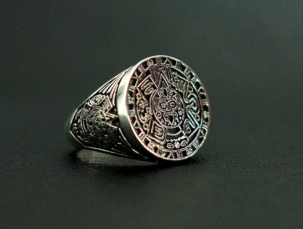 Aztec Calendar Mayan Sun Ring Mexico Men's Ring 925 Sterling Silver Size 6-15