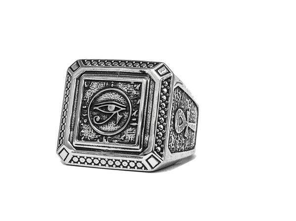 Men Egyptian Eye of Horus Ankh Cross Ring 925 Sterling silver Size 8-15 (R-49)
