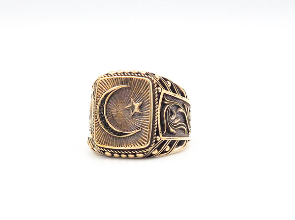 Islamic Crescent Ring, Moon and Star Signet Rings Brass Jewelry Size 6-15 BR-115