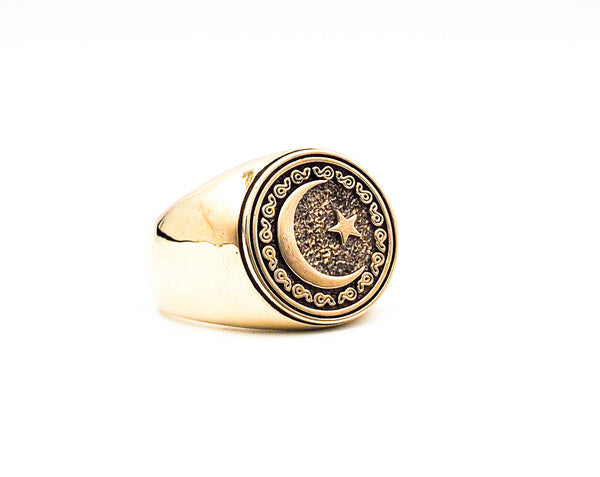 Moon and Star Signet Rings, Muslim Allah Islam Ring Brass Jewelry Size 6-15 BR-114