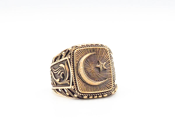 Islamic Crescent Ring, Moon and Star Signet Rings Brass Jewelry Size 6-15 BR-115