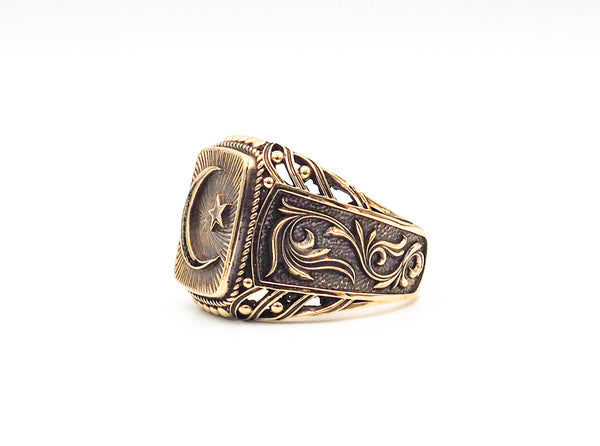 Islamic Crescent Ring, Moon and Star Signet Rings Brass Jewelry Size 6-15 BR-115