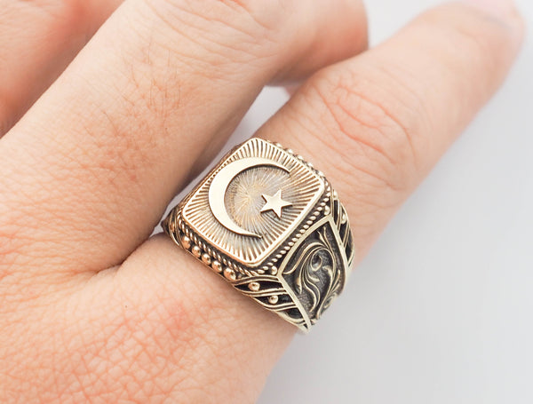 Islamic Crescent Ring, Moon and Star Signet Rings Brass Jewelry Size 6-15 BR-115