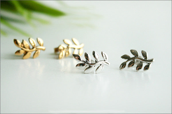 leaves stud earrings - 925 sterling silver leaves stud earrings, Olive leaf earrings, Olive leaf stud earrings, Olive leaf (E-37)
