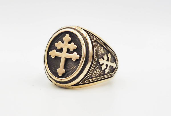 Mens Cross of Lorraine Ring Knights Templar Crusader Brass Jewelry Size 6-15