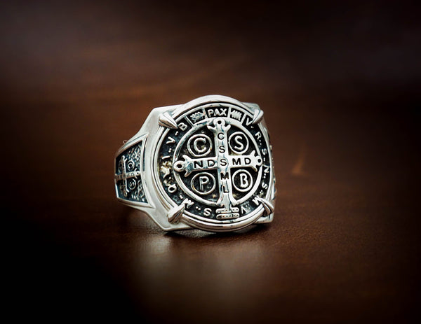 925 Sterling Silver St Benedict Exorcism Ring Demon Protection Size 6-15