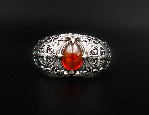 Garnet Men St Benedict Exorcism Demon Protection Ghost Hunter Ring 925 Sterling Silver Jewelry Size 6-15