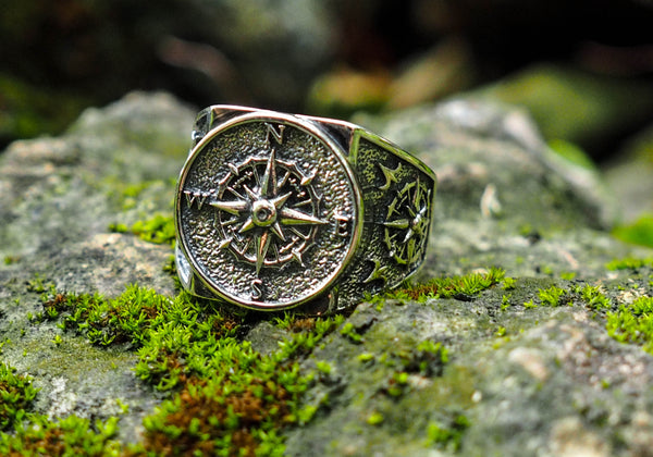 925 Sterling Silver Compass Ring Men Punk Jewelry Biker Band Ring Size 6-15