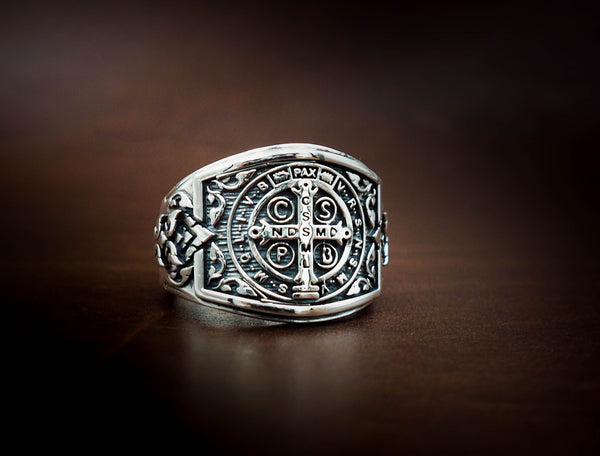 Men's St Benedict Exorcism Ring Cross Gift for Him 925 Sterling Silver Size 6-15