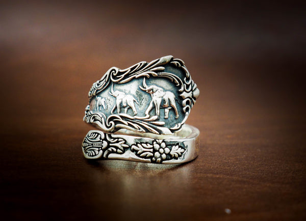 Adjustable Elephant Spoon Ring Vintage style for Mens Women 925 Sterling Silver Size 6-15