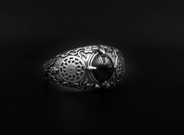 Onyx Black Sun Ring, Black Engine Sun Onyx Ring 925 Sterling Silver Size 6-15