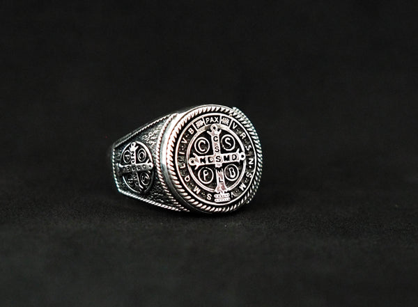 Men's St Benedict Exorcism Ring Cross Demon Protection Ring 925 Sterling Silver Size 6-15