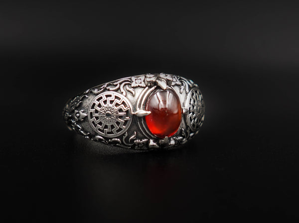 Garnet Black Sun Ring Viking Ring Black Sun Jewelry for Women's and Men's Ring 925 Sterling Silver Size 6-15