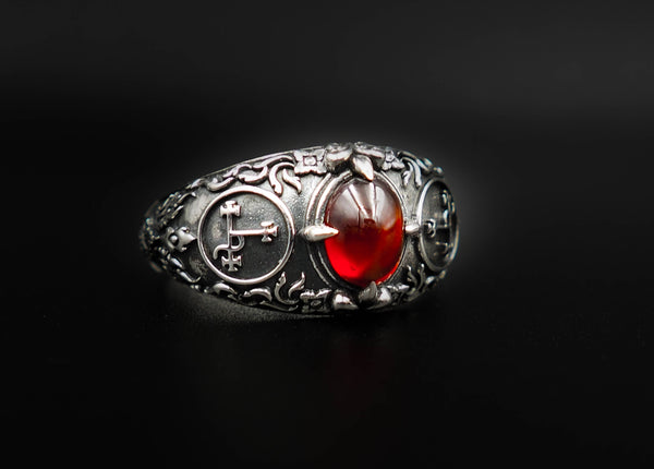 Garnet Seal Sigil of Lilith Sigil of Lucifer Ring 925 Sterling Silver Jewelry Size 6-15