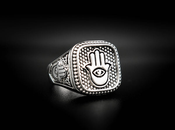 Hamsa Hand of Fatima Eyes of Horus Evil Eye Protection Ring 925 Sterling Silver Size 6-15
