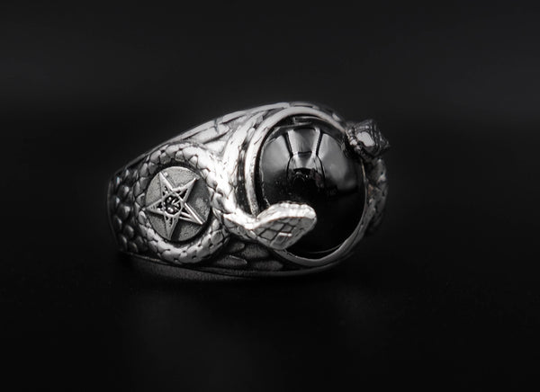 Onyx Church of Satan Sigil of Baphomet Ring, Onyx Snake Ring 925 Sterling Silver Size 6-15