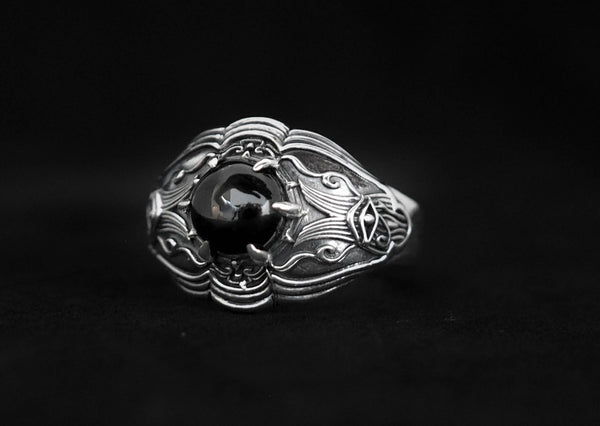 Egypt Eye of Horus Protection Ring, Men's Women's Onyx Ring 925 Sterling Silver Size 6-15