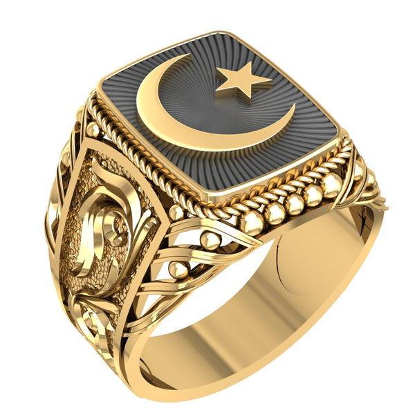 Islamic Crescent Ring, Moon and Star Signet Rings Brass Jewelry Size 6-15 BR-115