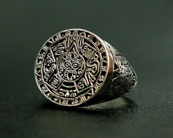 Aztec Calendar Mayan Sun Ring Mexico Men's Ring 925 Sterling Silver Size 6-15