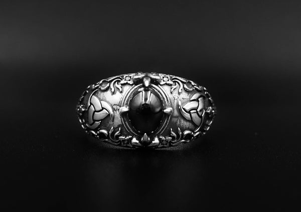 Onyx Odin's Horn Ring, Triple Horn of Odin Ring, Viking Ring, Scandinavian Ring, Black Onyx Unisex Ring 925 Sterling Silver Size 6-15