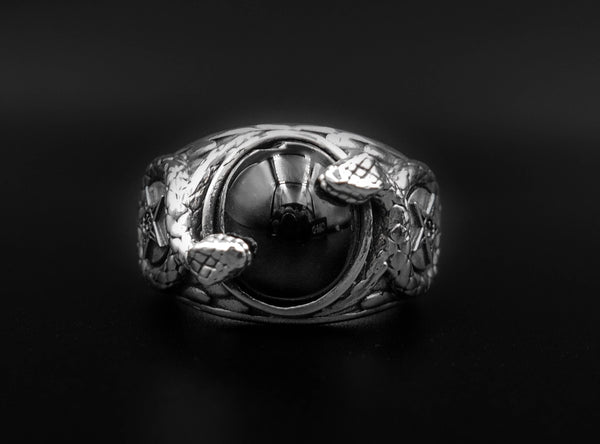 Onyx Church of Satan Sigil of Baphomet Ring, Onyx Snake Ring 925 Sterling Silver Size 6-15