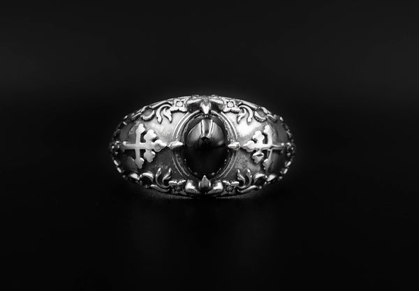 Onyx Cross of Lorraine Ring, Knights Templar Crusader Ring 925 Sterling Silver Size 6-15