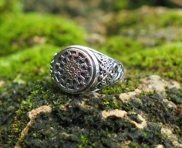 Black Sun Ring, Viking Ring Pagan Scandinavian Norse Viking Jewelry 925 Sterling Silver Size 6-15