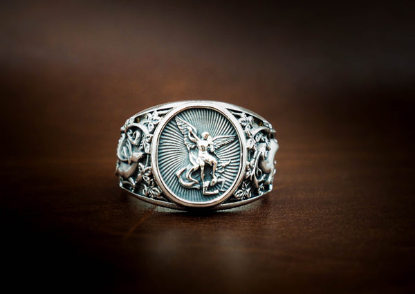 Saint Michael Ring, Saint Christopher Catholic Medal Great Protector Archangel Defeating Satan Figurine Amulet Rings for Men 925 Sterling Silver Size 6-15