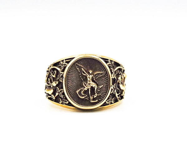 Saint Michael Ring Catholic Medal Great Protector Archangel Defeating Satan Amulet Brass Jewelry Size 6-15 BR-99