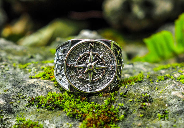 925 Sterling Silver Compass Ring Men Punk Jewelry Biker Band Ring Size 6-15