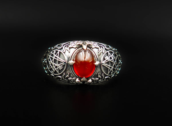Garnet Seal Sigil of the Necronomicon Ring, Sigil of Cthulhu Gateway Ring for Women's and Men's Ring 925 Sterling Silver Size 6-15