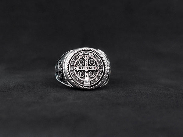 Men's St Benedict Exorcism Ring Cross Demon Protection Ring 925 Sterling Silver Size 6-15