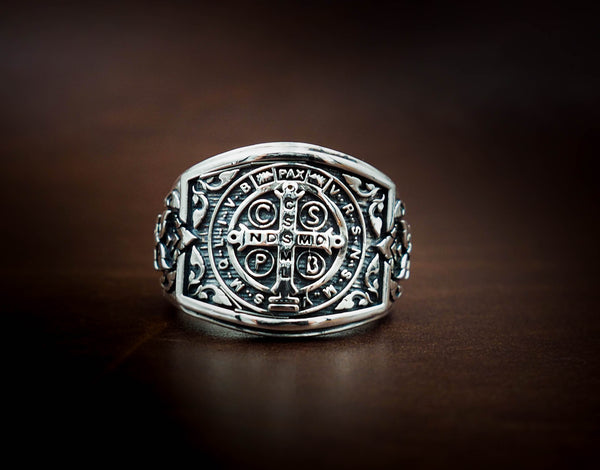 Men's St Benedict Exorcism Ring Cross Gift for Him 925 Sterling Silver Size 6-15