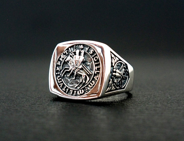 The Seal of Knights Templar Ring, Templar Masonic Ring 925 Sterling Silver Size 6-15