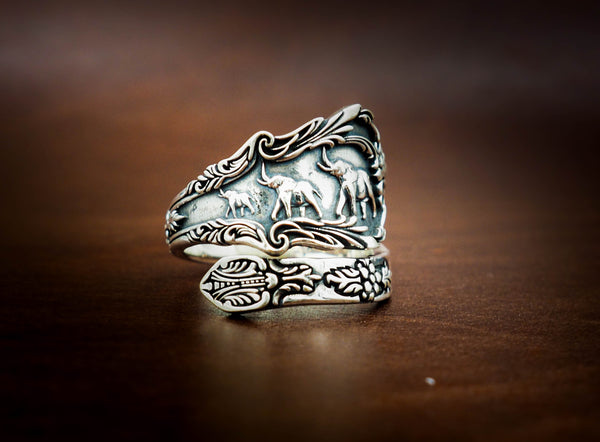 Adjustable Elephant Spoon Ring Vintage style for Mens Women 925 Sterling Silver Size 6-15