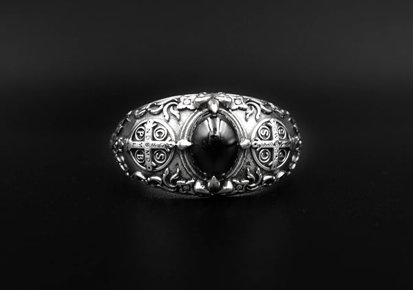 Onyx Men's St Benedict Exorcism Ring Cross Demon Protection Ring 925 Sterling Silver Size 6-15