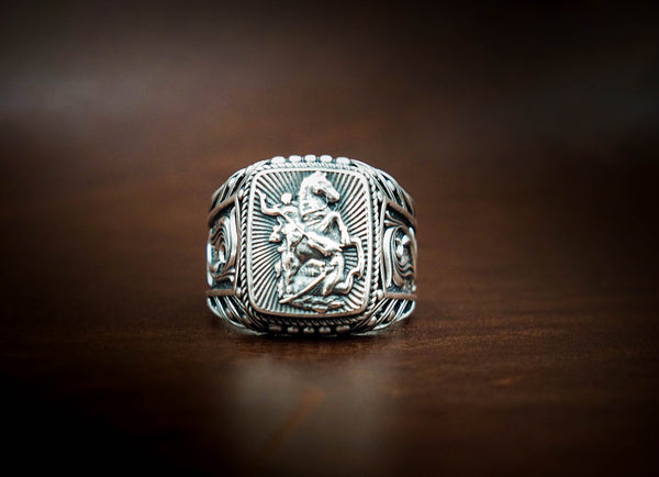 925 Sterling Silver The Saint George the Victorious Archangel Mens Ring Size 6-15