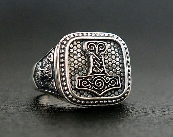 Thor's Hammer Mjolnir Ring Norse Scandinavian Viking Jewelry 925 Sterling Silver Size 6-15