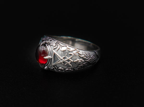 Men Sigil of Lucifer Seal of Satan Devil Demon Ring, Garnet Lucifer Ring 925 Sterling Silver Size 6-15