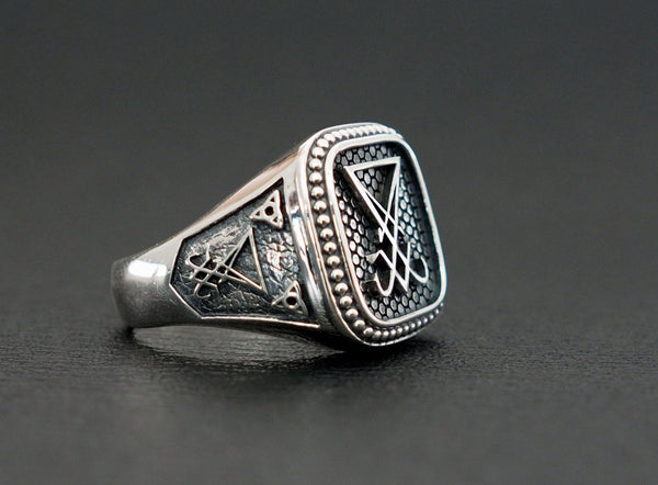Men's Silver Sigil of Lucifer Ring, Devil Seal of Satan Ring 925 Sterling Silver Size 6-15