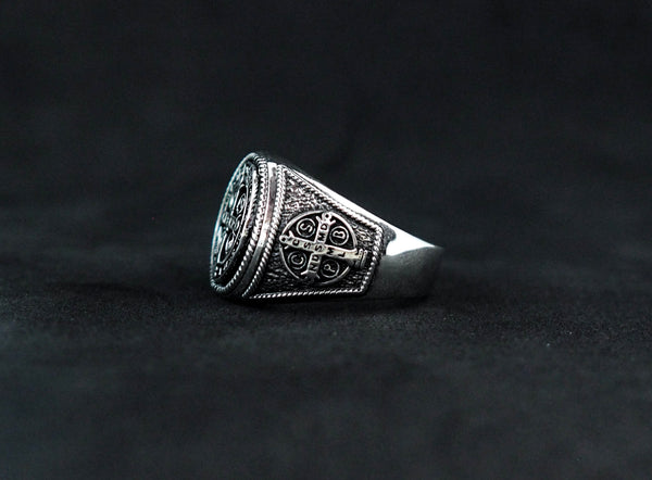 Men's St Benedict Exorcism Ring Cross Demon Protection Ring 925 Sterling Silver Size 6-15