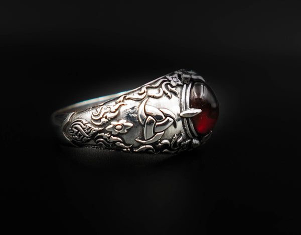 Garnet Odin's Symbol the Tripple Horn Ring Biker Norse Ring 925 Sterling Silver Jewelry Size 6-15